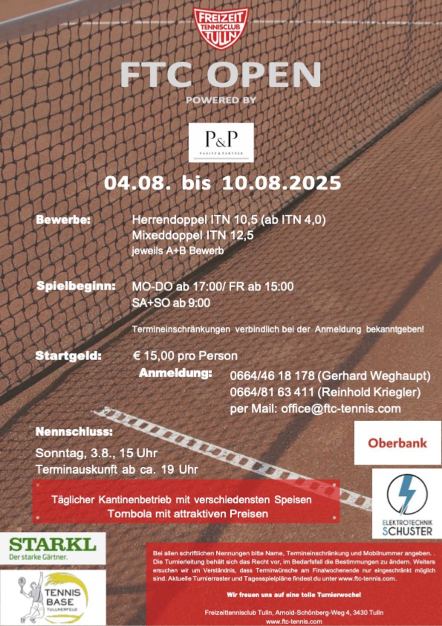 News: FTC Open powered by Pagitz & Partner finden heuer von 04.08.-10.08. statt! 